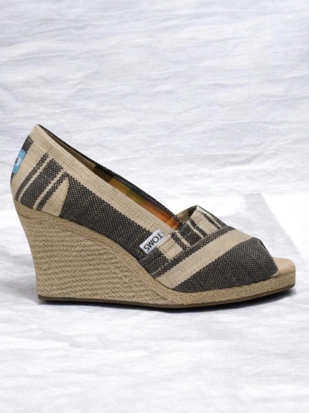 Toms Peep Toe Kenya Stripe Wedge Heels Size 8.5 Espadrille